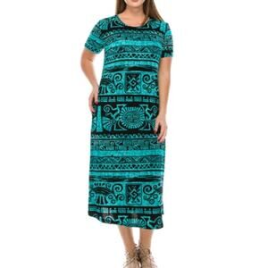 Vintage 90s Jostar Aqua Black Aztec Tribal Short Sleeve Midi T-Shirt Dress S